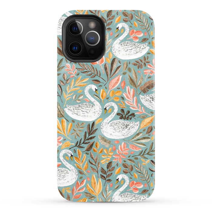 iPhone 12 Pro StrongFit Whimsical White Swans with Autumn Leaves on Sage by Micklyn Le Feuvre