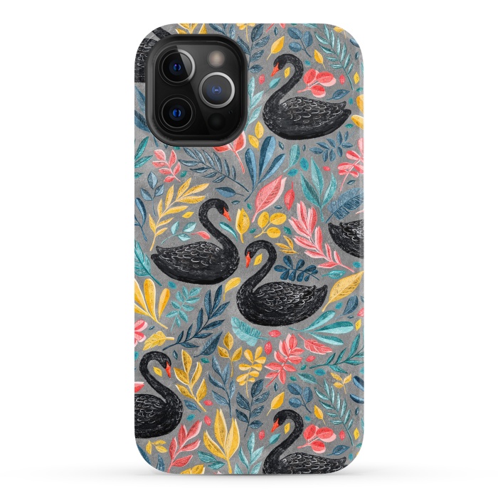 iPhone 12 Pro StrongFit Bonny Black Swans with Lots of Leaves on Grey by Micklyn Le Feuvre