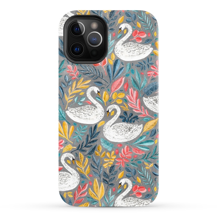 iPhone 12 Pro StrongFit Whimsical White Swans with Lots of Leaves on Grey by Micklyn Le Feuvre