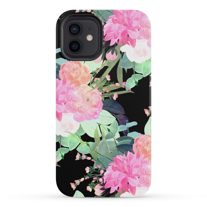 iPhone 12 mini StrongFit Trendy Pink & Black Flowers Watercolor Design by InovArts