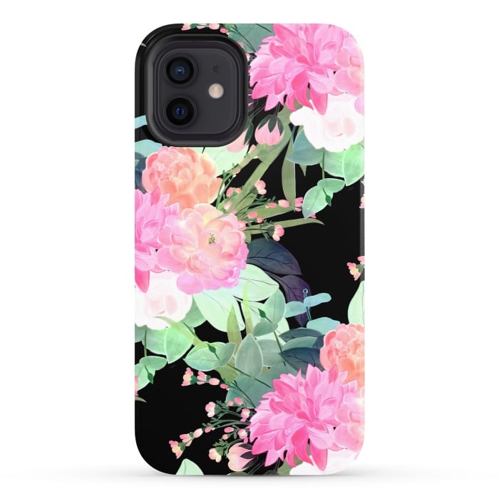 iPhone 12 StrongFit Trendy Pink & Black Flowers Watercolor Design by InovArts