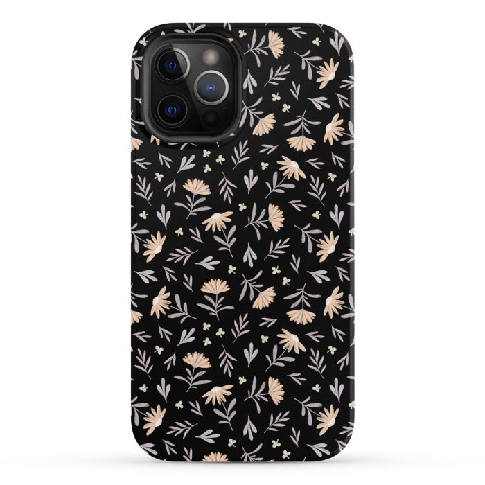 iPhone 12 Pro StrongFit Beige flowers on a black by Alena Ganzhela