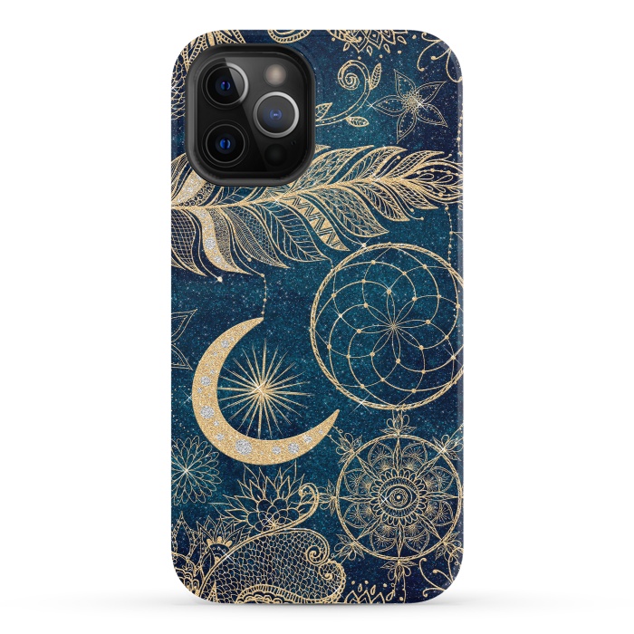 iPhone 12 Pro StrongFit Whimsy Gold Glitter Dreamcatcher Feathers Mandala by InovArts