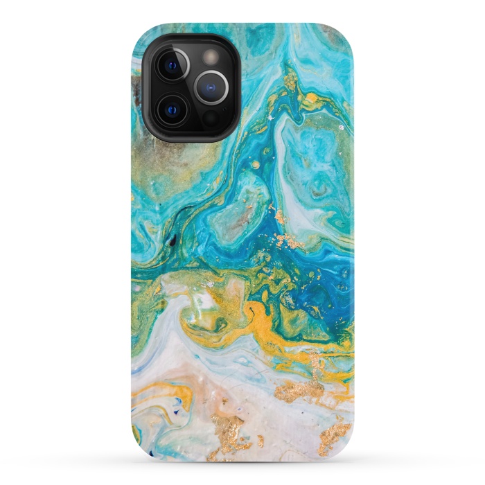 iPhone 12 Pro StrongFit Blue Acrylic Texture with Golden Marble Motifs by ArtsCase