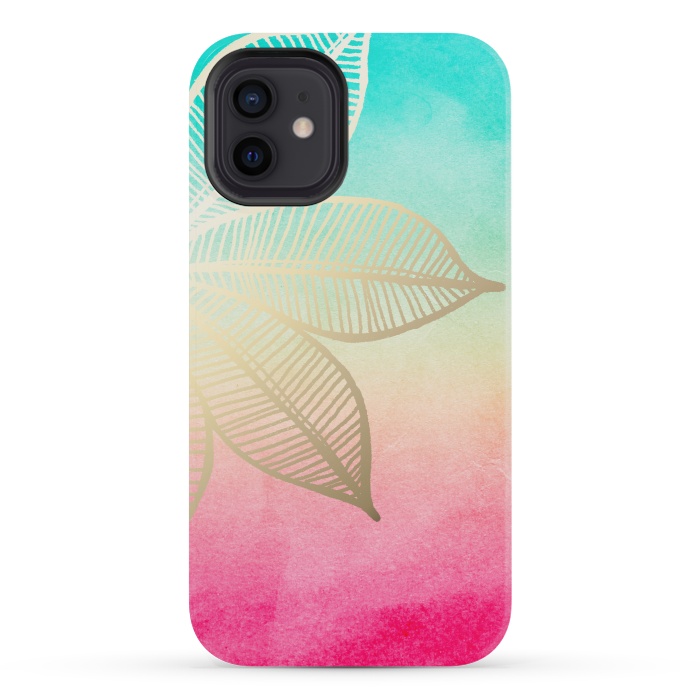 iPhone 12 mini StrongFit Gold Flower on Turquoise and Pink Watercolor by Tangerine-Tane