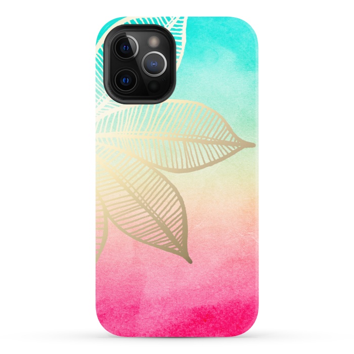 iPhone 12 Pro StrongFit Gold Flower on Turquoise and Pink Watercolor by Tangerine-Tane
