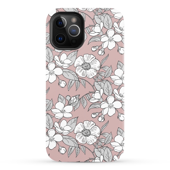 iPhone 12 Pro StrongFit White Cherry flowers line art drawing on pink by Oana 