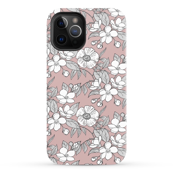 iPhone 12 Pro Max StrongFit White Cherry flowers line art drawing on pink by Oana 