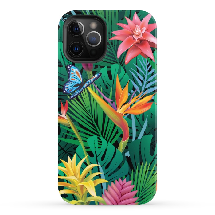iPhone 12 Pro StrongFit Cute Tropical Floral Design Green Pink and Purple by ArtsCase