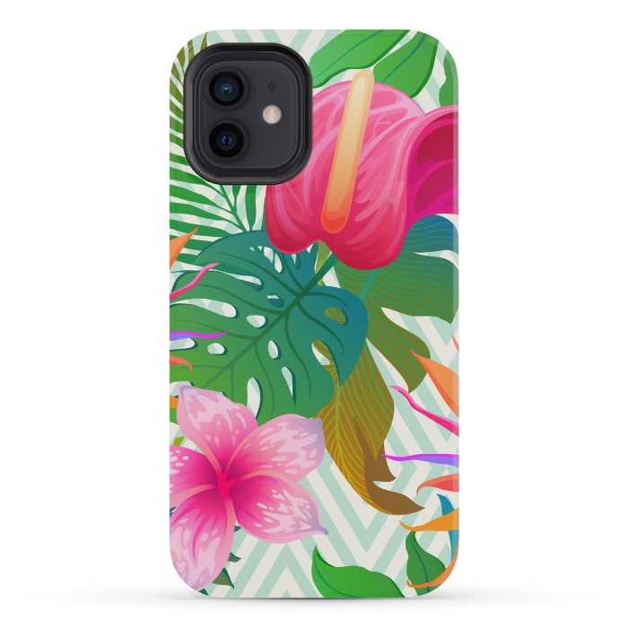 iPhone 12 mini StrongFit Exotic Flowers and Leaves in Geometric Decoration by ArtsCase
