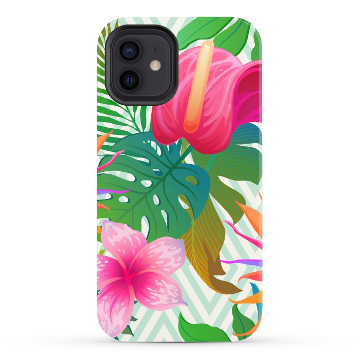 iPhone 12 StrongFit Exotic Flowers and Leaves in Geometric Decoration by ArtsCase