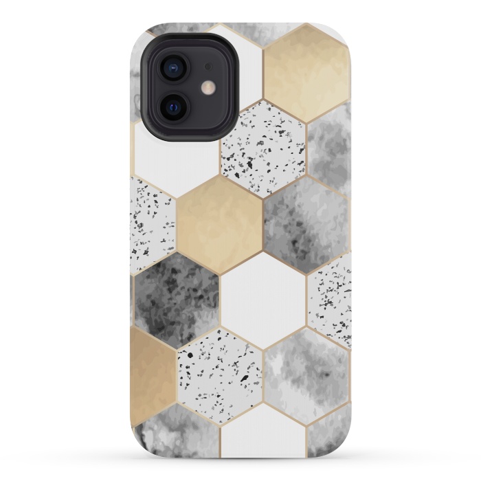 iPhone 12 mini StrongFit Grey Marble and Watercolour Polygons by ArtsCase