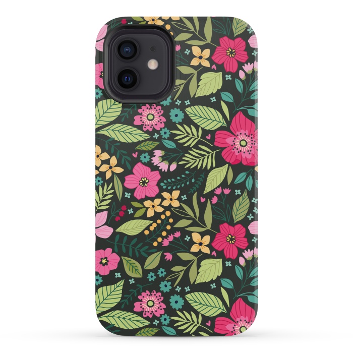iPhone 12 mini StrongFit Pretty Flowers on Dark Green Background by ArtsCase