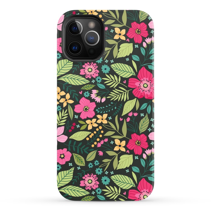iPhone 12 Pro StrongFit Pretty Flowers on Dark Green Background by ArtsCase