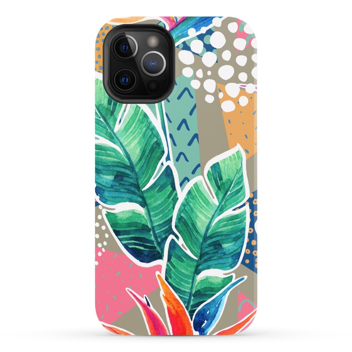 iPhone 12 Pro Max StrongFit Tropical Flowers Watercolors with Geometric Outline by ArtsCase