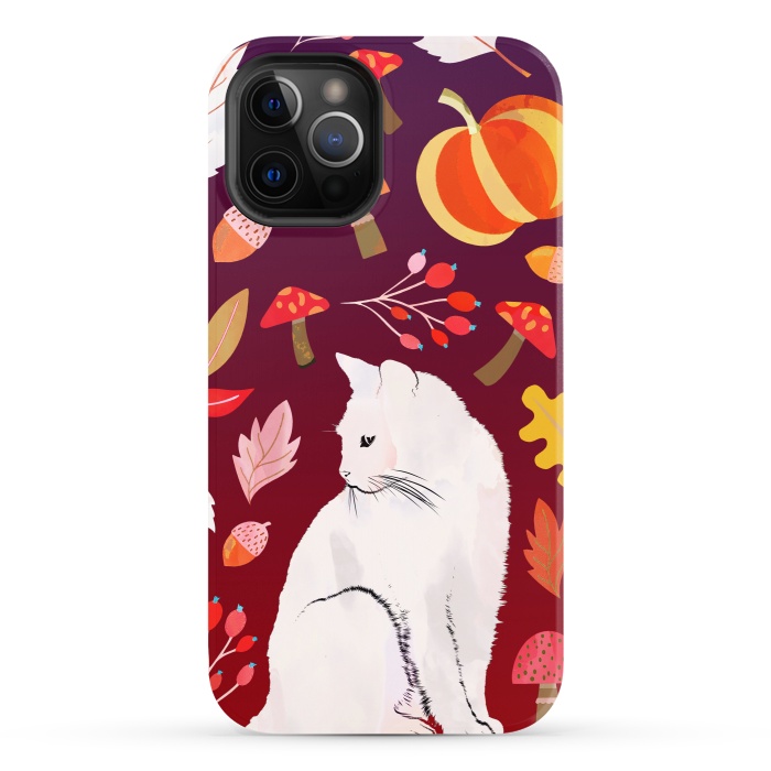 iPhone 12 Pro StrongFit White cat and autumn nature pattern by Oana 