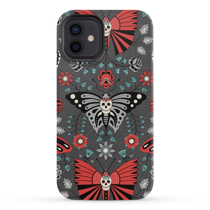 iPhone 12 mini StrongFit Gothic Halloween Skulls, Butterflies Flowers on a dark gray background by Portia Monberg