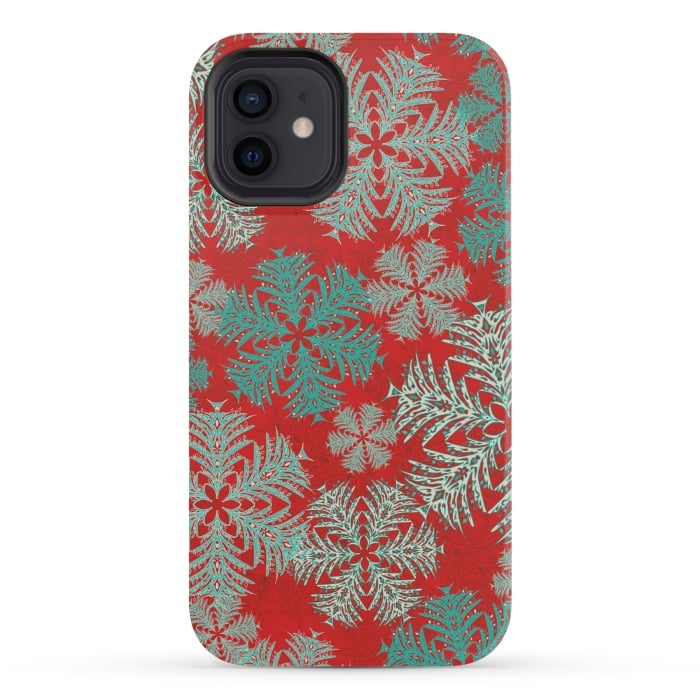iPhone 12 mini StrongFit Xmas Snowflakes Red Aqua by Lotti Brown