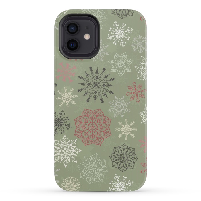 iPhone 12 mini StrongFit Christmas Snowflakes on Dark Green by Paula Ohreen
