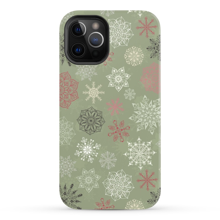 iPhone 12 Pro Max StrongFit Christmas Snowflakes on Dark Green by Paula Ohreen