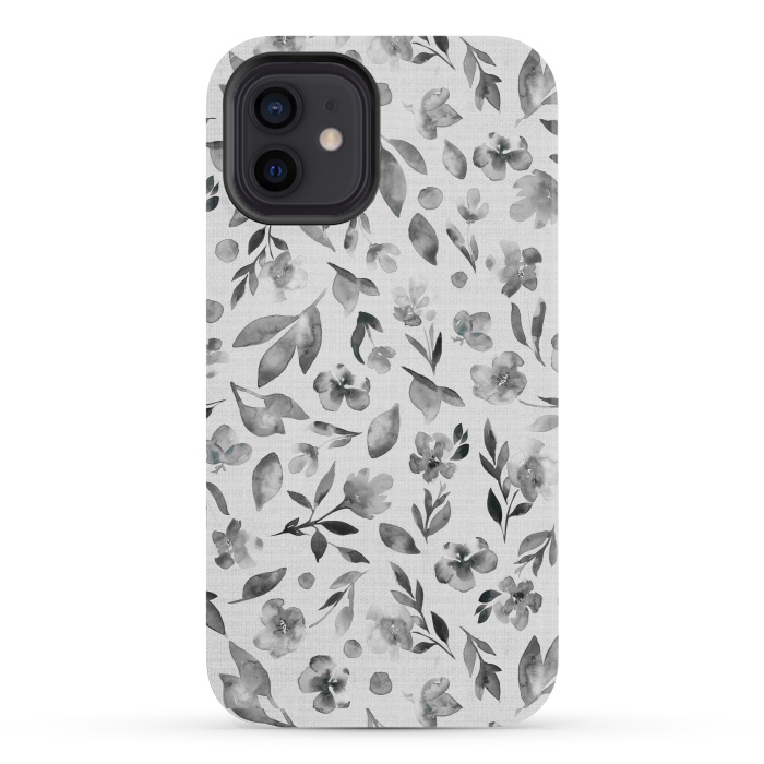 iPhone 12 mini StrongFit Watercolor Textured Floral Toss - Black and White by Paula Ohreen