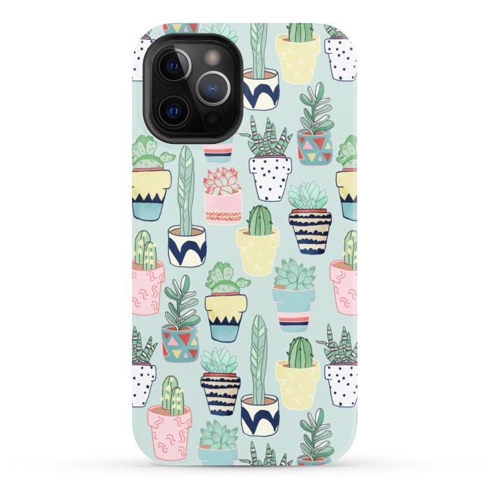 iPhone 12 Pro StrongFit Cute Cacti In Pots on Mint Green by Tangerine-Tane