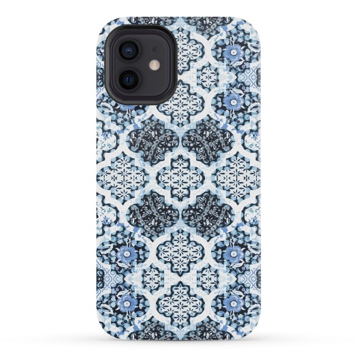 iPhone 12 mini StrongFit Blue white Moroccan decorative mosaic by Oana 