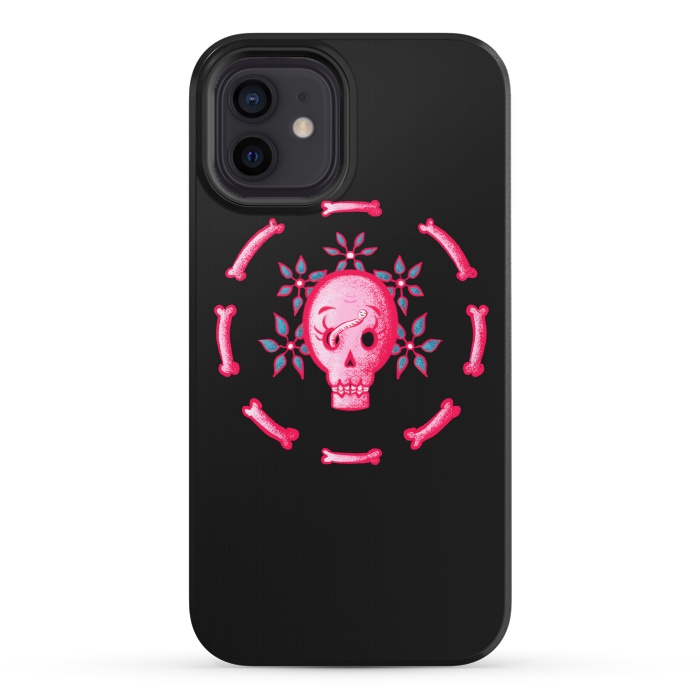 iPhone 12 StrongFit Funny Skull In Pink With Flowers And Bones by Boriana Giormova