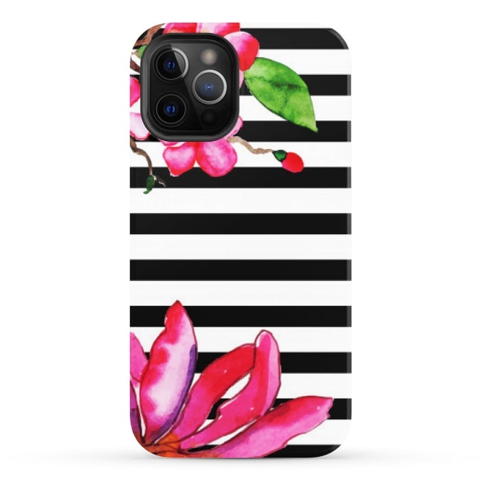 iPhone 12 Pro StrongFit black white stripes floral pink pattern by MALLIKA