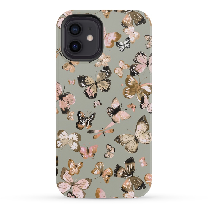 iPhone 12 mini StrongFit Watercolor Butterflies Beige Gold by Ninola Design