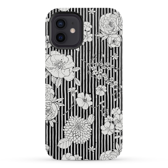 iPhone 12 mini StrongFit Flowers and Stripes Black and White by Ninola Design