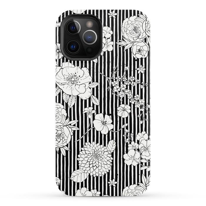 iPhone 12 Pro StrongFit Flowers and Stripes Black and White by Ninola Design