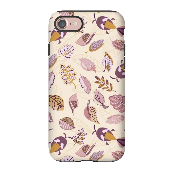 iPhone 7 StrongFit Cute parrots in a fun tossed pattern with funky leaves in purple and mustard by Paula Ohreen