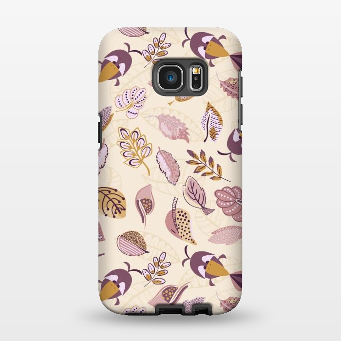 Galaxy S7 EDGE StrongFit Cute parrots in a fun tossed pattern with funky leaves in purple and mustard by Paula Ohreen