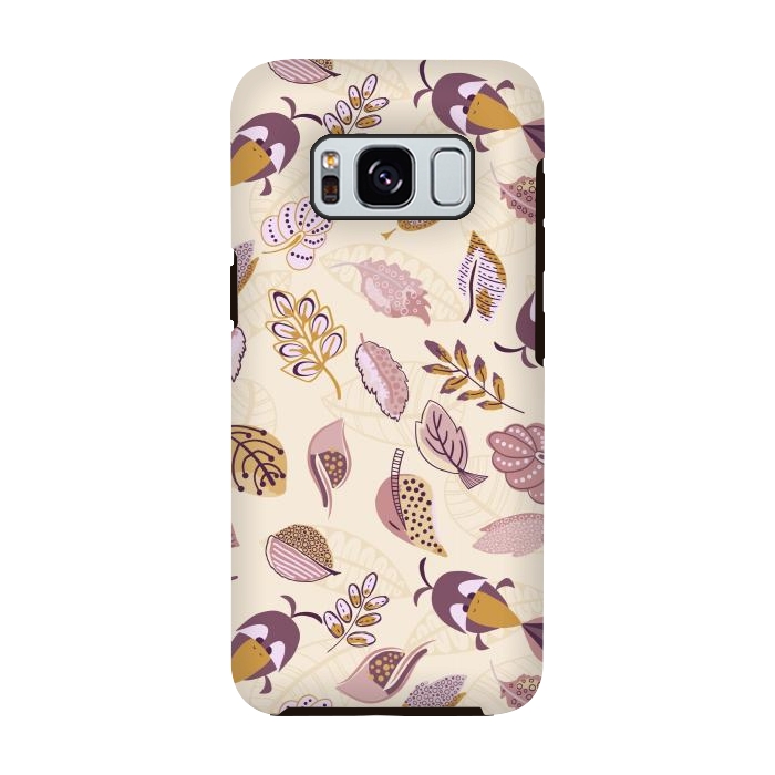 Galaxy S8 StrongFit Cute parrots in a fun tossed pattern with funky leaves in purple and mustard by Paula Ohreen