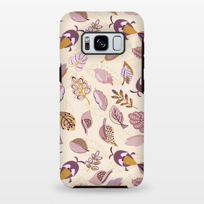 Galaxy S8 plus StrongFit Cute parrots in a fun tossed pattern with funky leaves in purple and mustard by Paula Ohreen