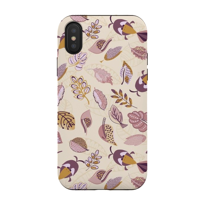 iPhone Xs / X StrongFit Cute parrots in a fun tossed pattern with funky leaves in purple and mustard by Paula Ohreen