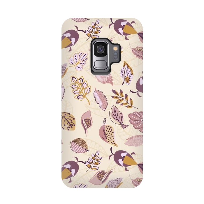 Galaxy S9 StrongFit Cute parrots in a fun tossed pattern with funky leaves in purple and mustard by Paula Ohreen