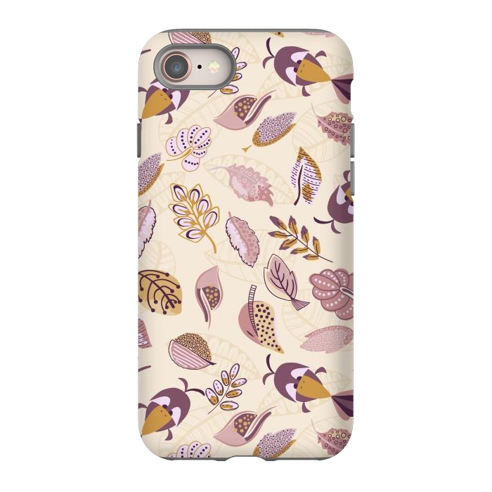 iPhone 8 StrongFit Cute parrots in a fun tossed pattern with funky leaves in purple and mustard by Paula Ohreen