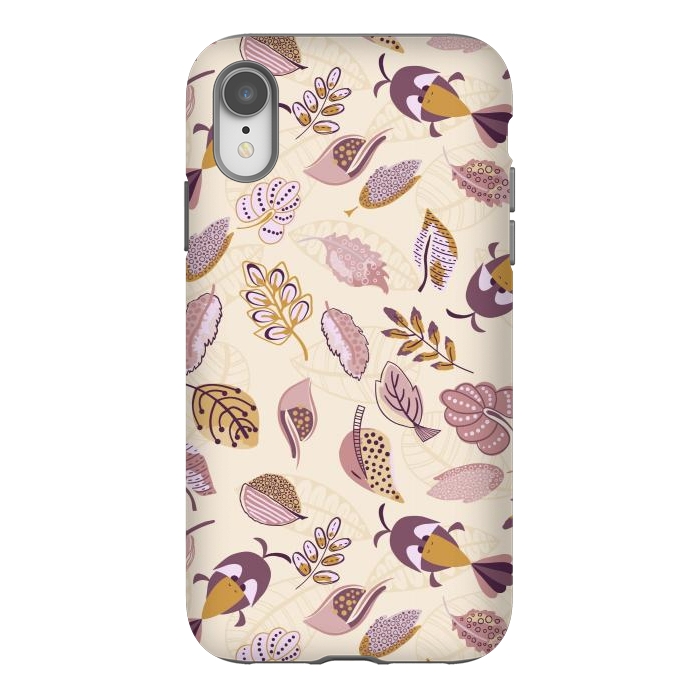 iPhone Xr StrongFit Cute parrots in a fun tossed pattern with funky leaves in purple and mustard by Paula Ohreen