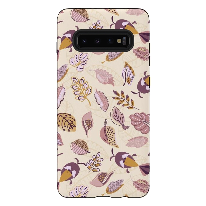 Galaxy S10 plus StrongFit Cute parrots in a fun tossed pattern with funky leaves in purple and mustard by Paula Ohreen
