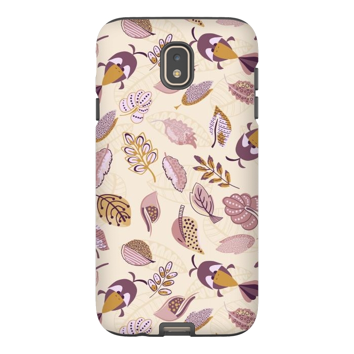Galaxy J7 StrongFit Cute parrots in a fun tossed pattern with funky leaves in purple and mustard by Paula Ohreen