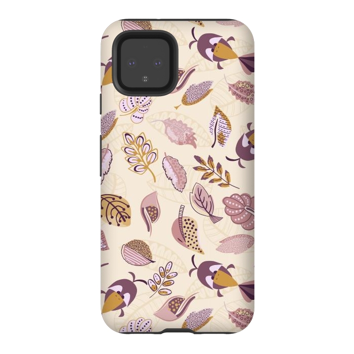 Pixel 4 StrongFit Cute parrots in a fun tossed pattern with funky leaves in purple and mustard by Paula Ohreen