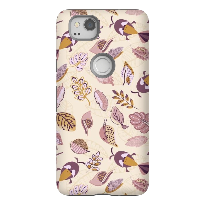 Pixel 2 StrongFit Cute parrots in a fun tossed pattern with funky leaves in purple and mustard by Paula Ohreen
