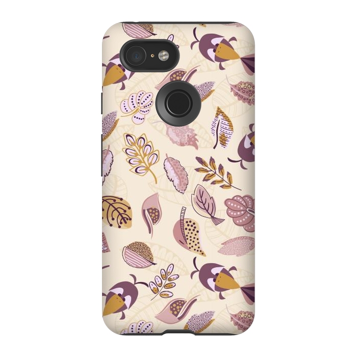 Pixel 3 StrongFit Cute parrots in a fun tossed pattern with funky leaves in purple and mustard by Paula Ohreen