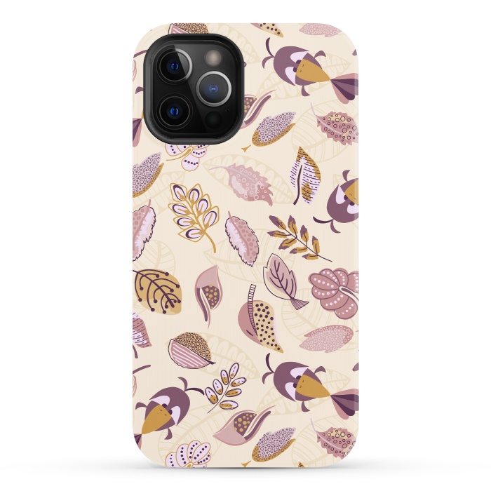 iPhone 12 Pro StrongFit Cute parrots in a fun tossed pattern with funky leaves in purple and mustard by Paula Ohreen