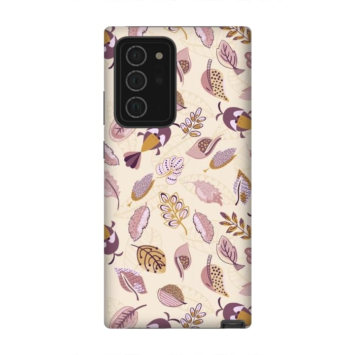 Galaxy Note 20 Ultra StrongFit Cute parrots in a fun tossed pattern with funky leaves in purple and mustard by Paula Ohreen