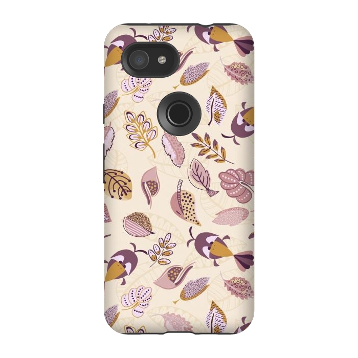 Pixel 3A StrongFit Cute parrots in a fun tossed pattern with funky leaves in purple and mustard by Paula Ohreen