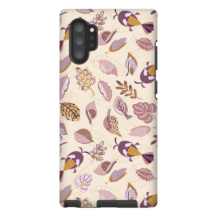 Galaxy Note 10 plus StrongFit Cute parrots in a fun tossed pattern with funky leaves in purple and mustard by Paula Ohreen