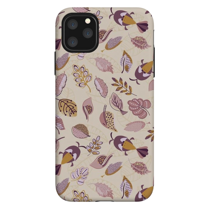 iPhone 11 Pro Max StrongFit Cute parrots in a fun tossed pattern with funky leaves in purple and mustard by Paula Ohreen